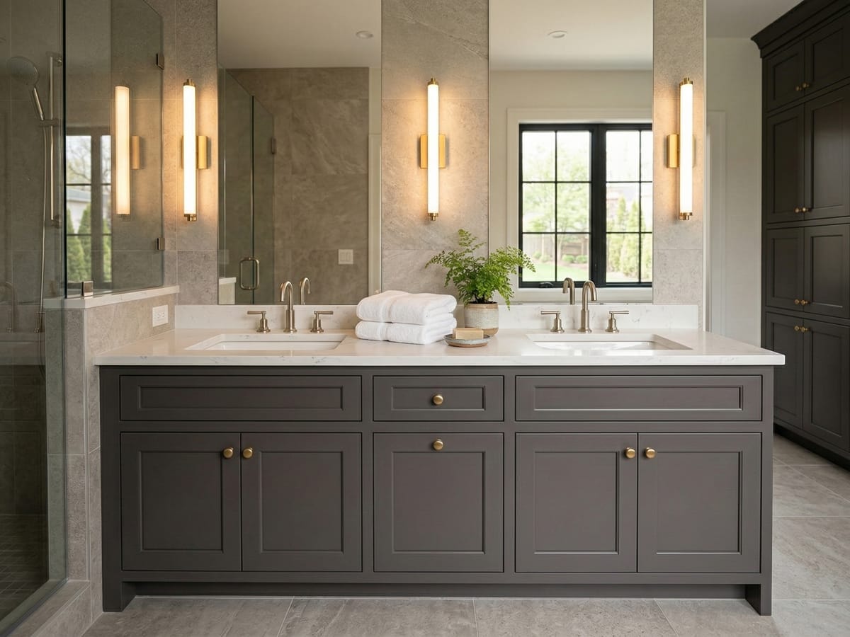 A custom bathroom vanity built by JAKS Construction in its Wichita millwork shop