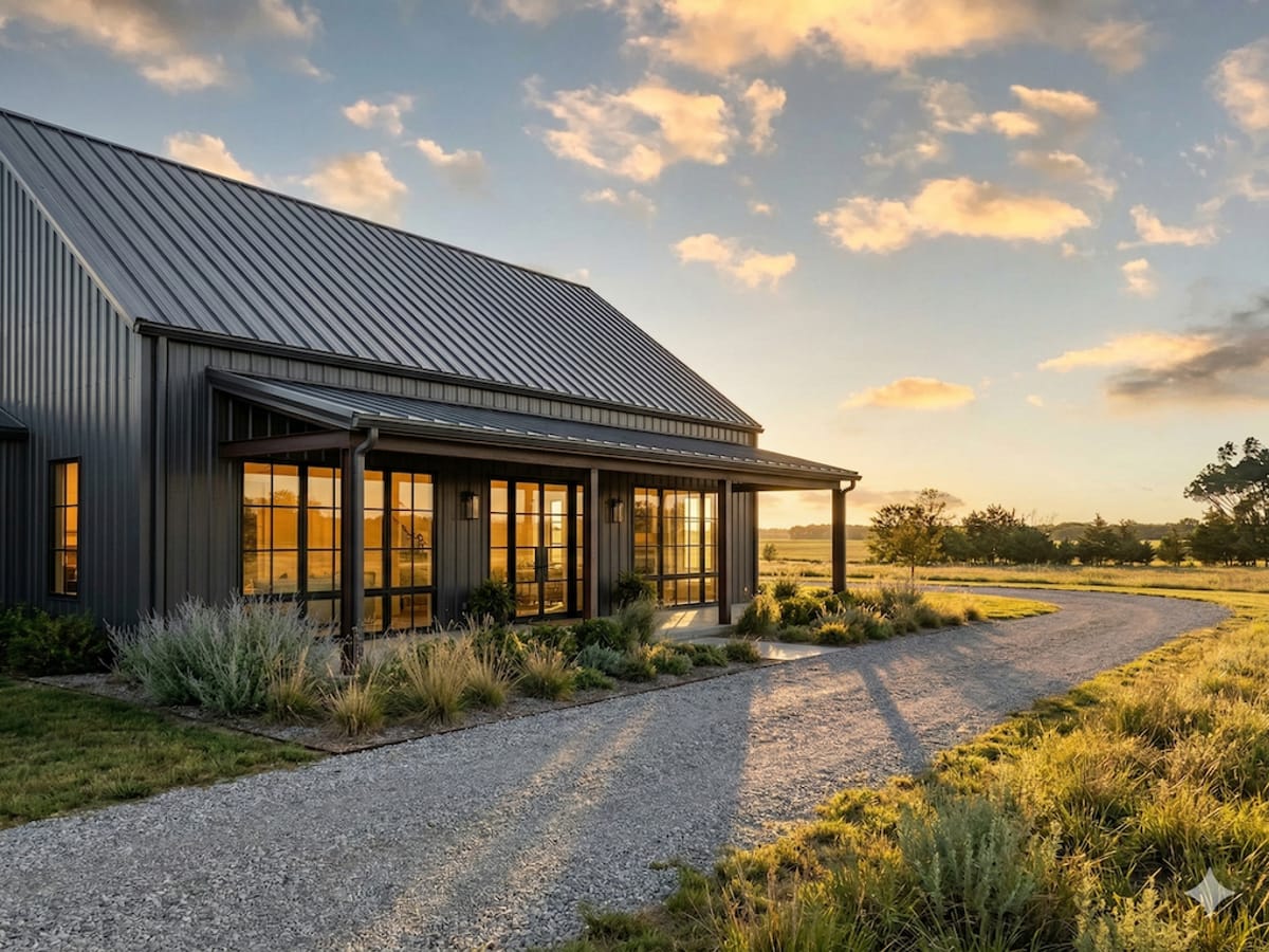 Finished barndominium with a standing seam metal roof on a Kansas property