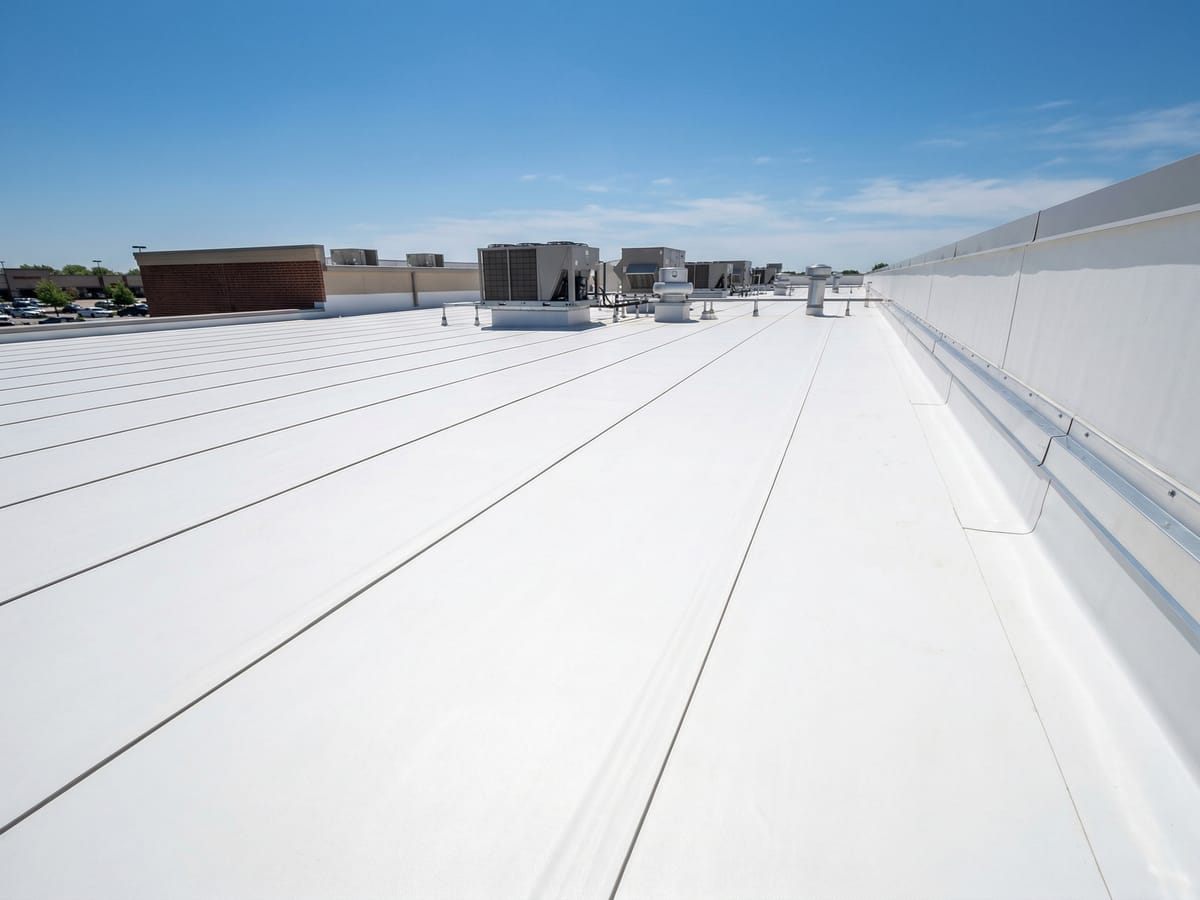 Commercial low-slope roofing system on a Wichita building