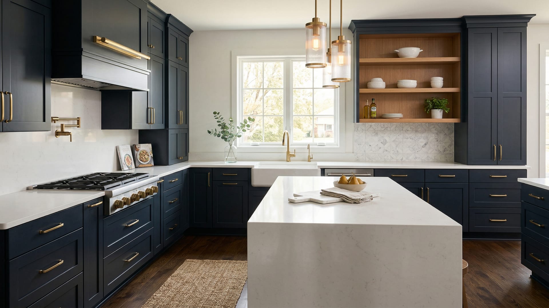 Remodeled kitchen with custom navy cabinetry by JAKS Construction in Wichita, Kansas